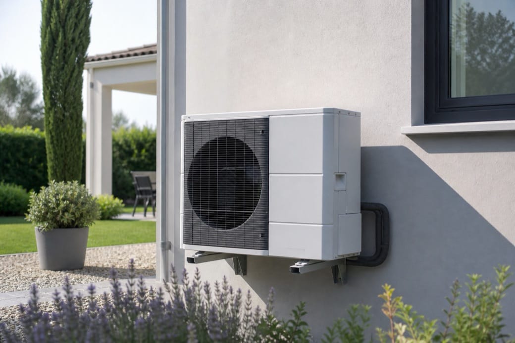 Pompe à chaleur Clim360 : unité extérieure installée le long d'une maison
